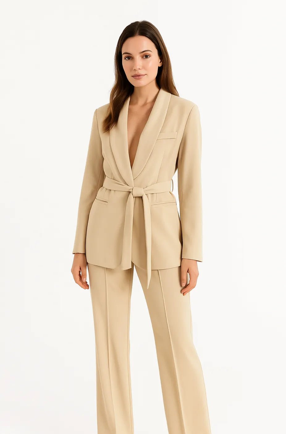 Women's Belted Blazer and Wide-Leg Trousers Set