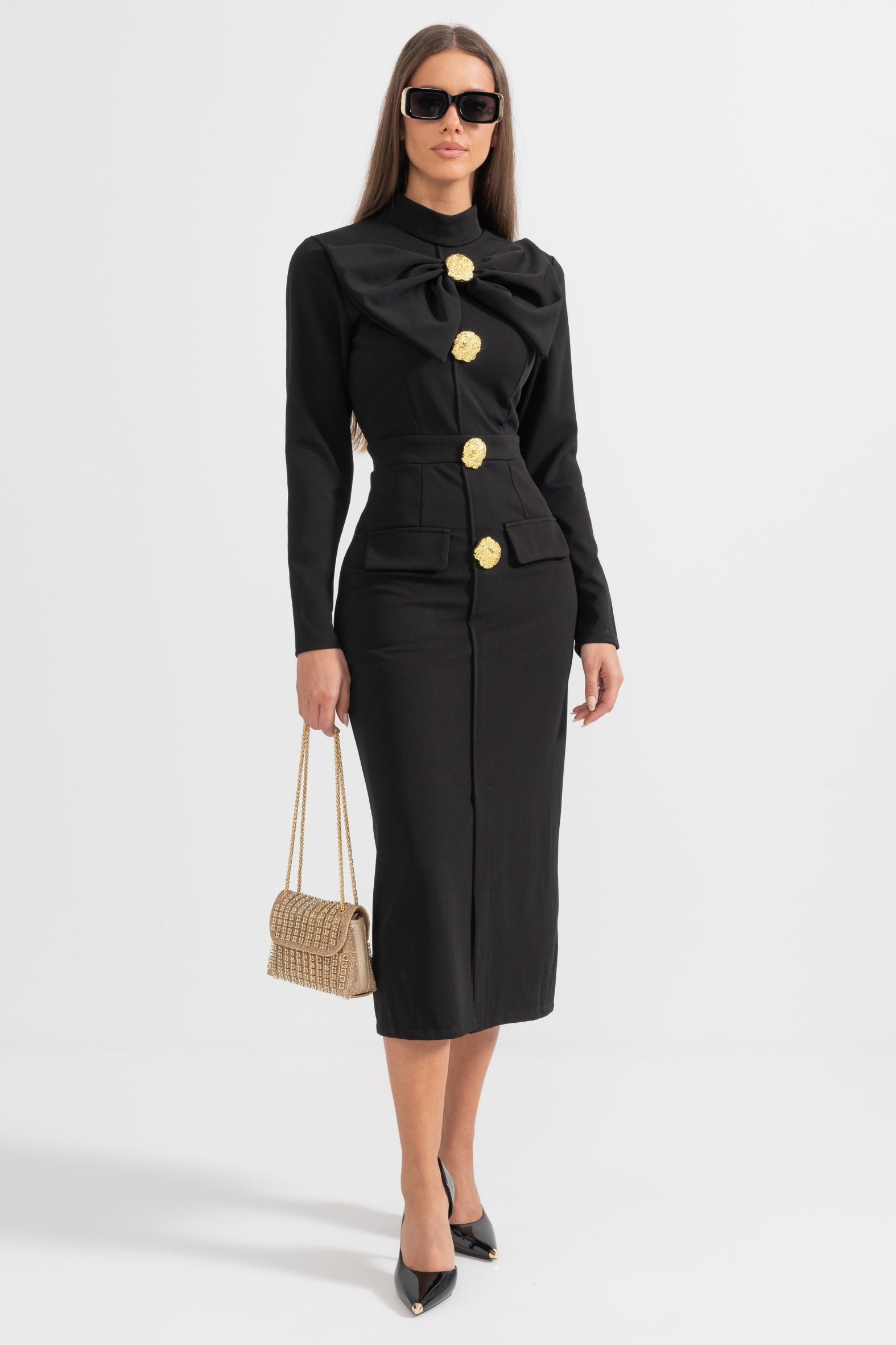 Women's Black Long Sleeve Formal Midi Dress