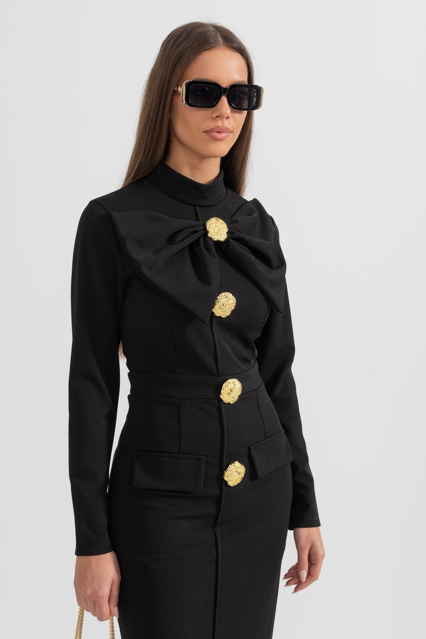 Women's Black Long Sleeve Formal Midi Dress